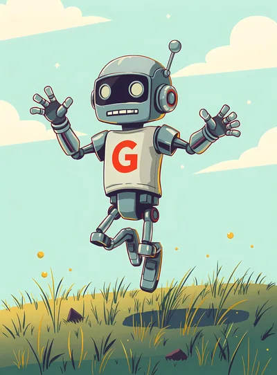 Cute Cartoon Robot Jumping In A Grassy Field