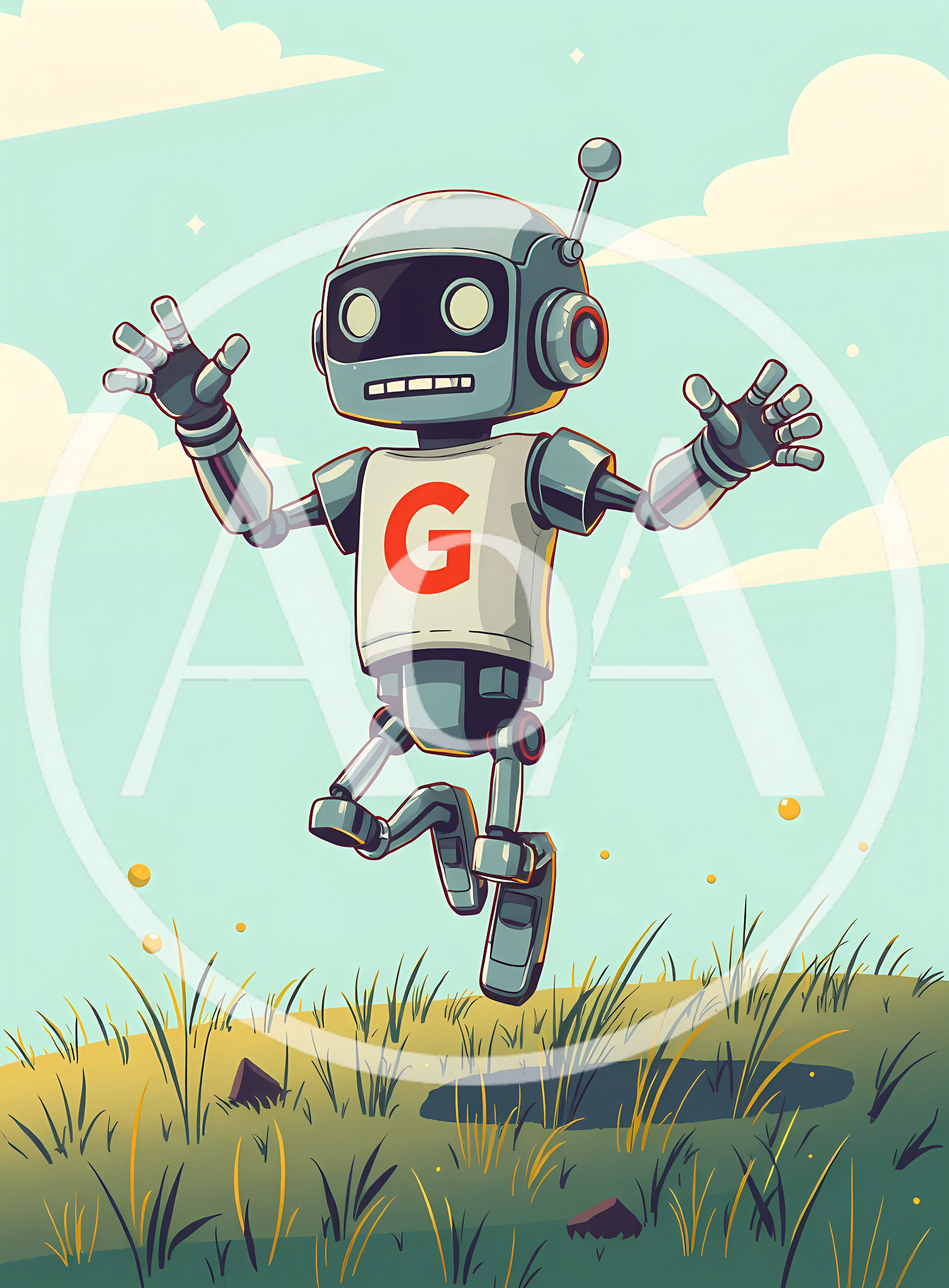 Cute Cartoon Robot Jumping In A Grassy Field