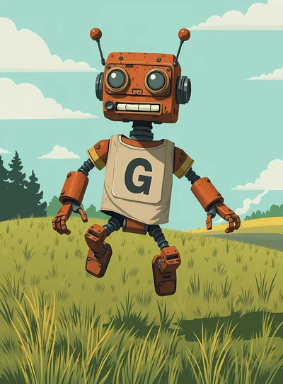 Rusty Robot Walking Through A Grassy Field