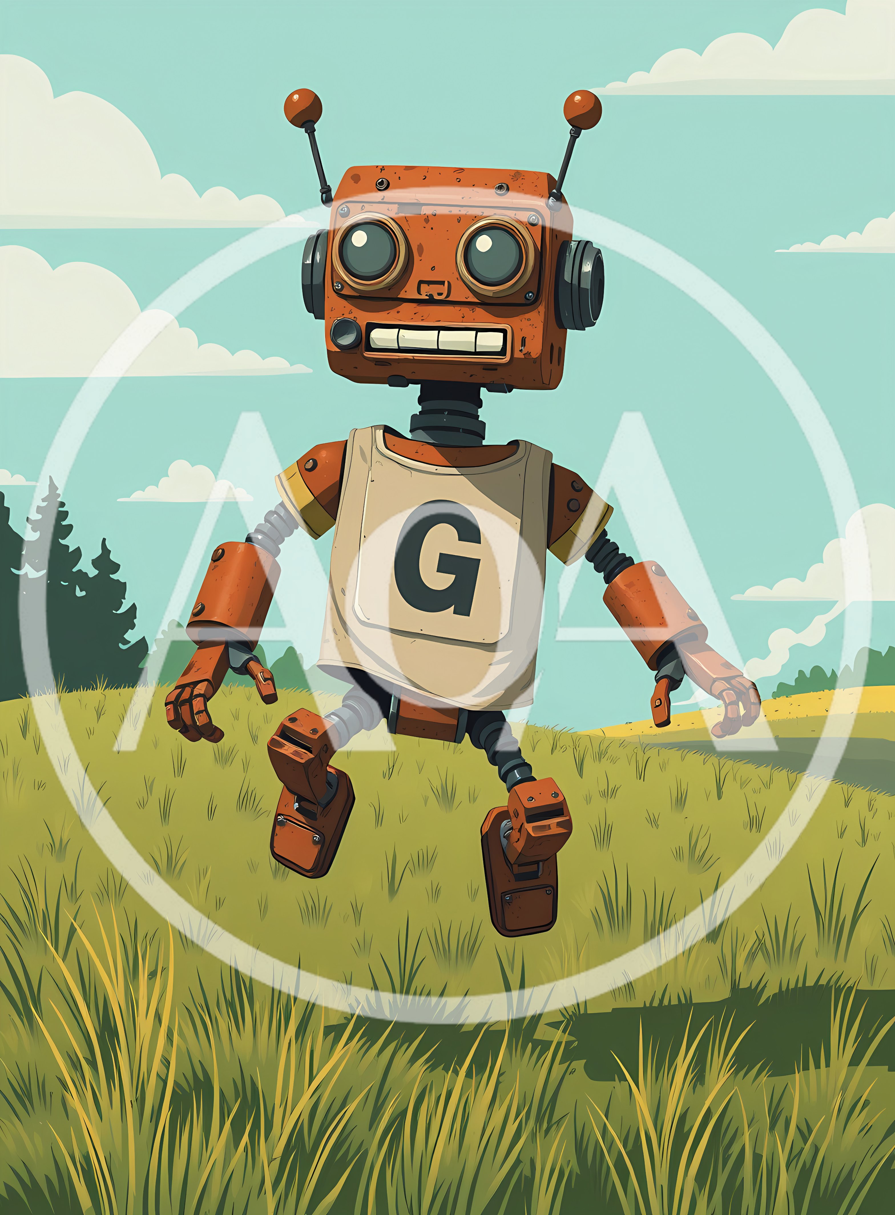 Rusty Robot Walking Through A Grassy Field