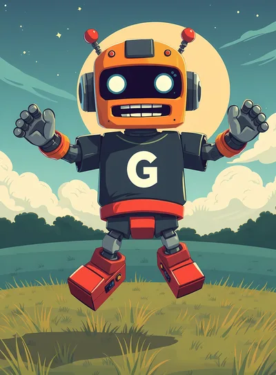 Cute Orange Robot Jumping In A Meadow