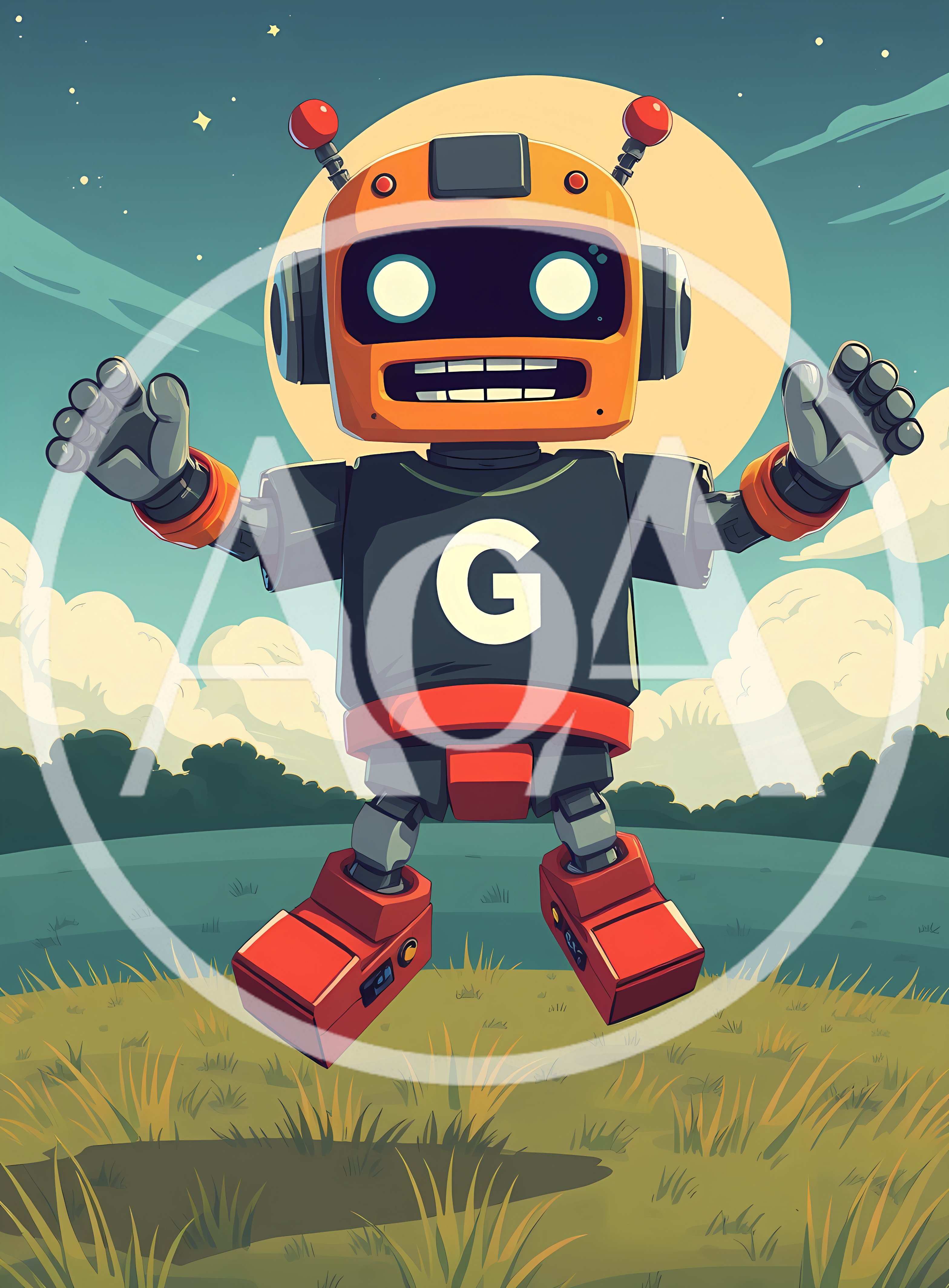 Cute Orange Robot Jumping In A Meadow