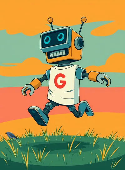 Cartoon Robot Running Through A Grassy Field