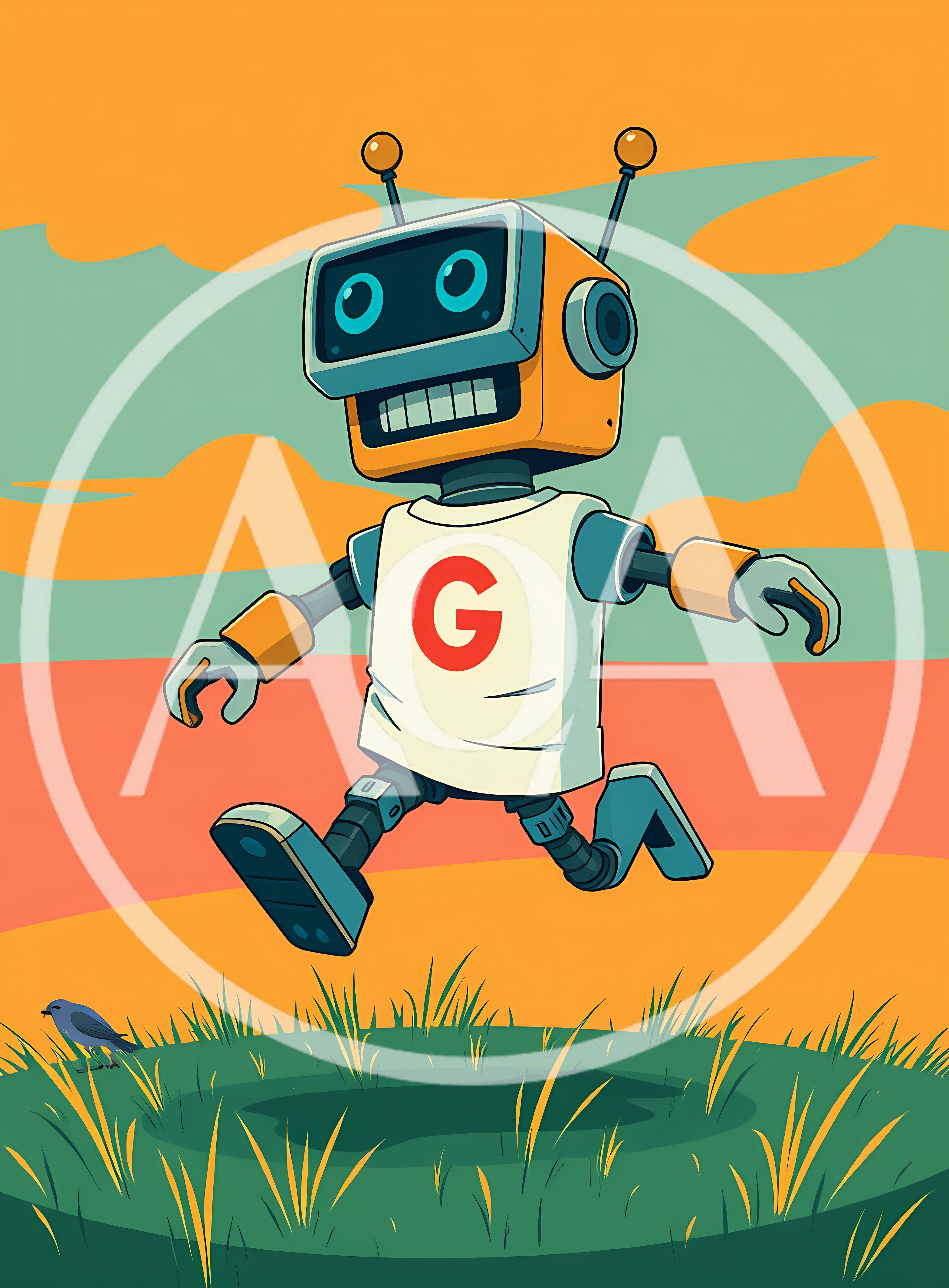Cartoon Robot Running Through A Grassy Field