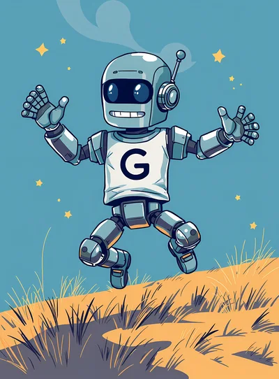 Cartoon Robot Jumping Over A Grassy Hill
