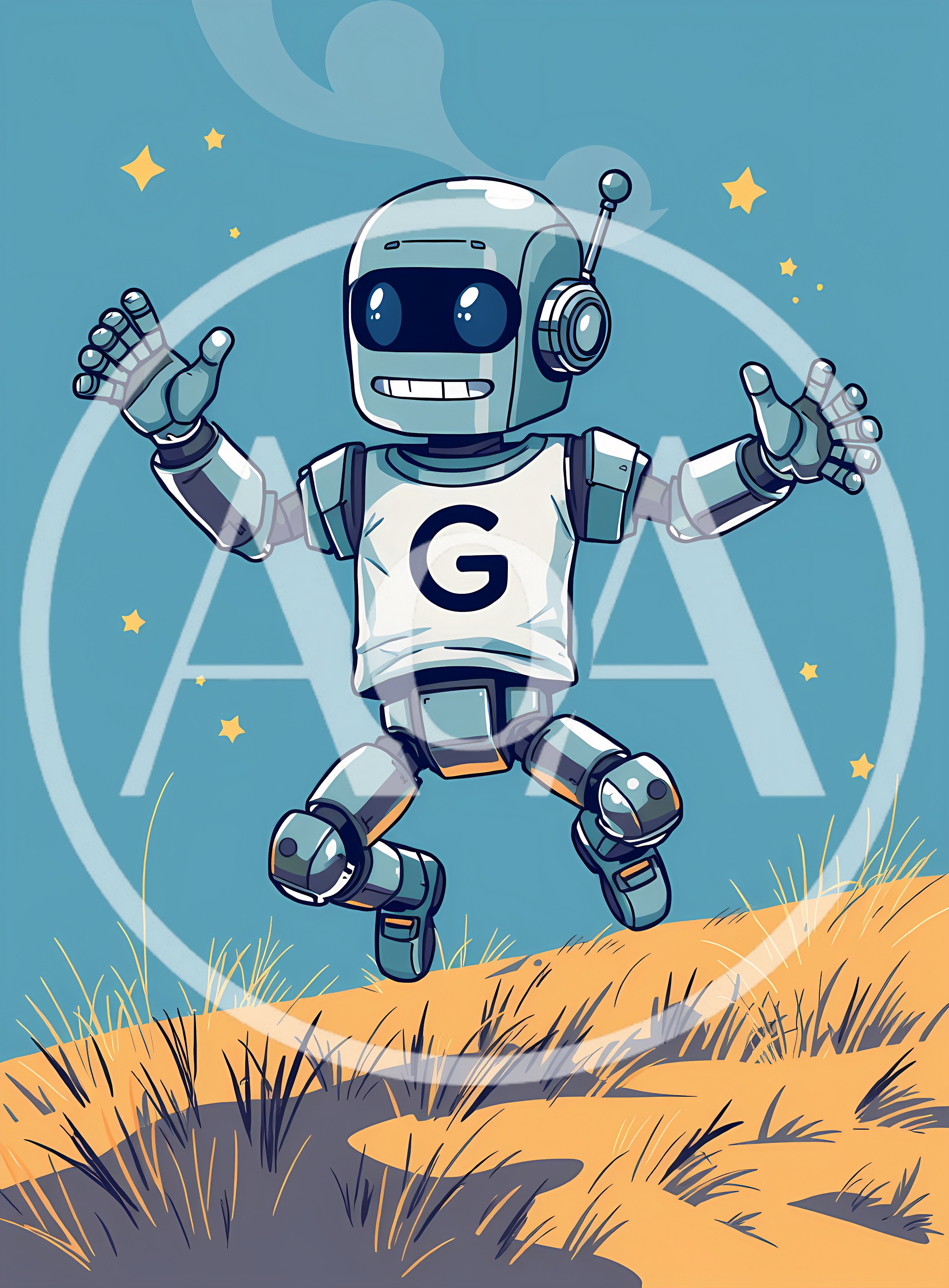 Cartoon Robot Jumping Over A Grassy Hill