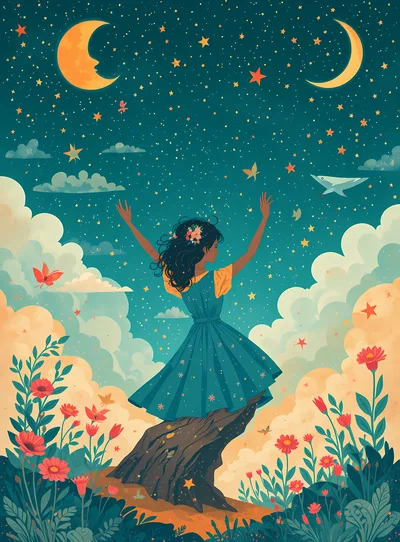 Young Woman Reaching Toward Stars In Dreamy Night Sky