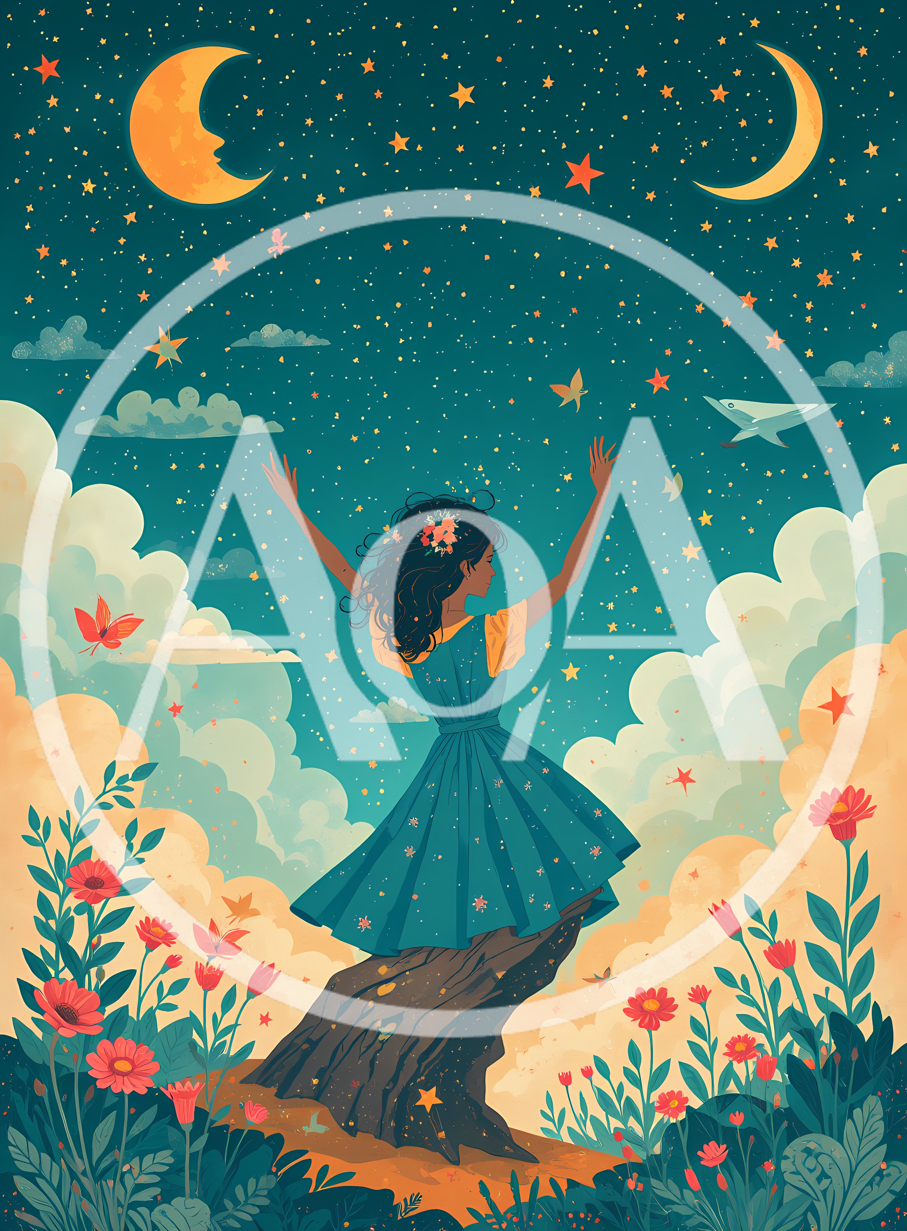 Young Woman Reaching Toward Stars In Dreamy Night Sky