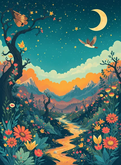 Whimsical Landscape With Mountains And Flowing River