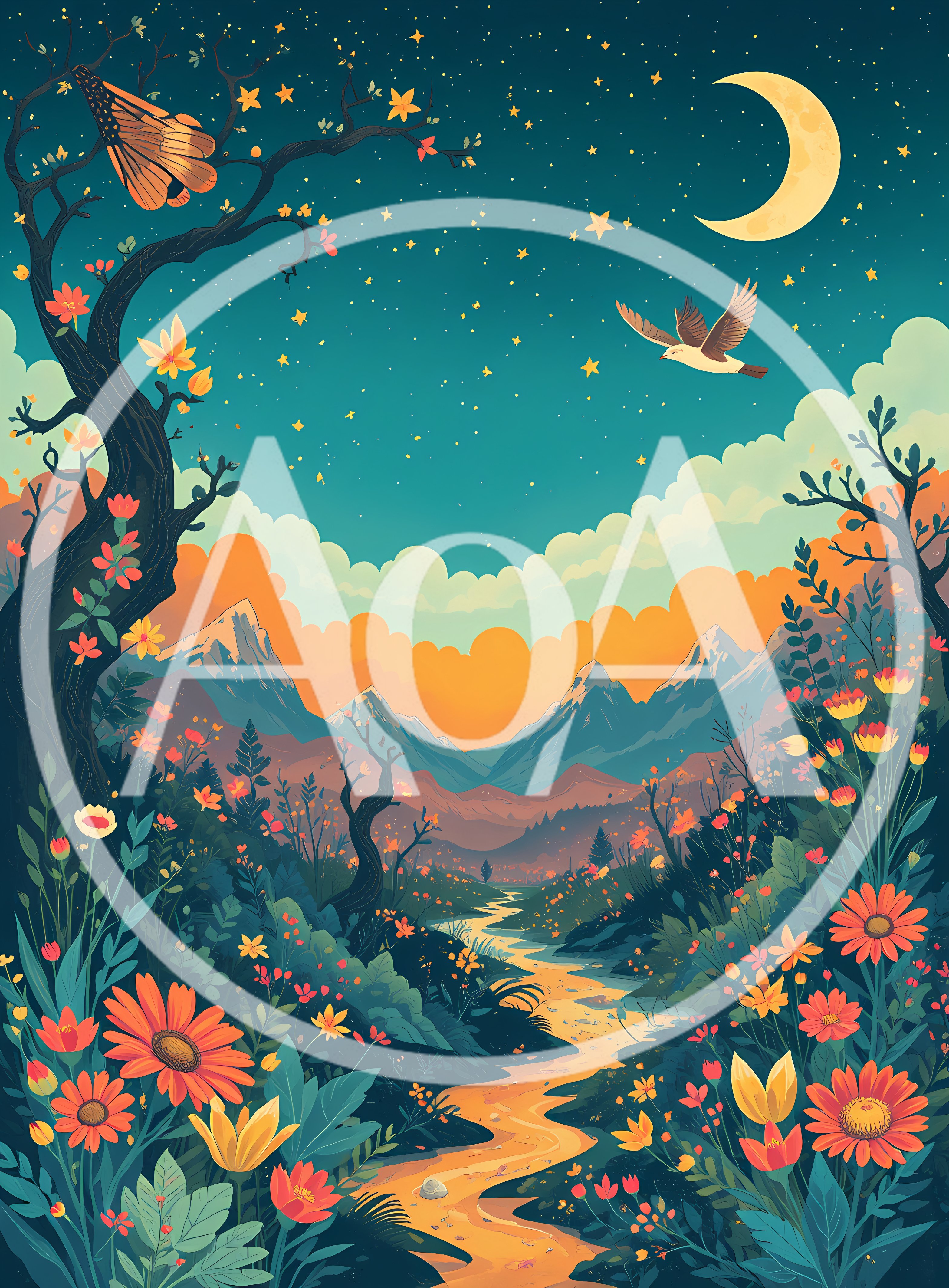 Whimsical Landscape With Mountains And Flowing River