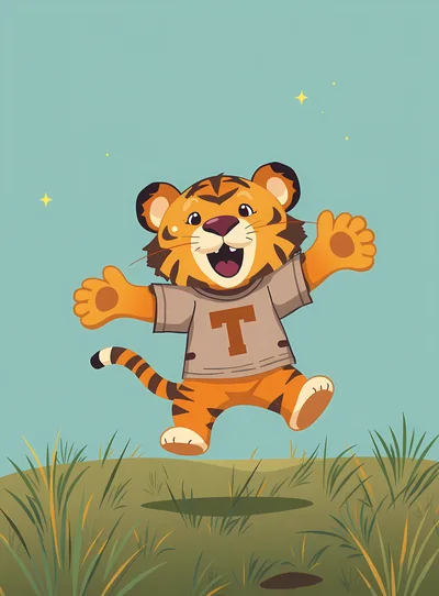 Cute Cartoon Tiger Jumping In A Meadow