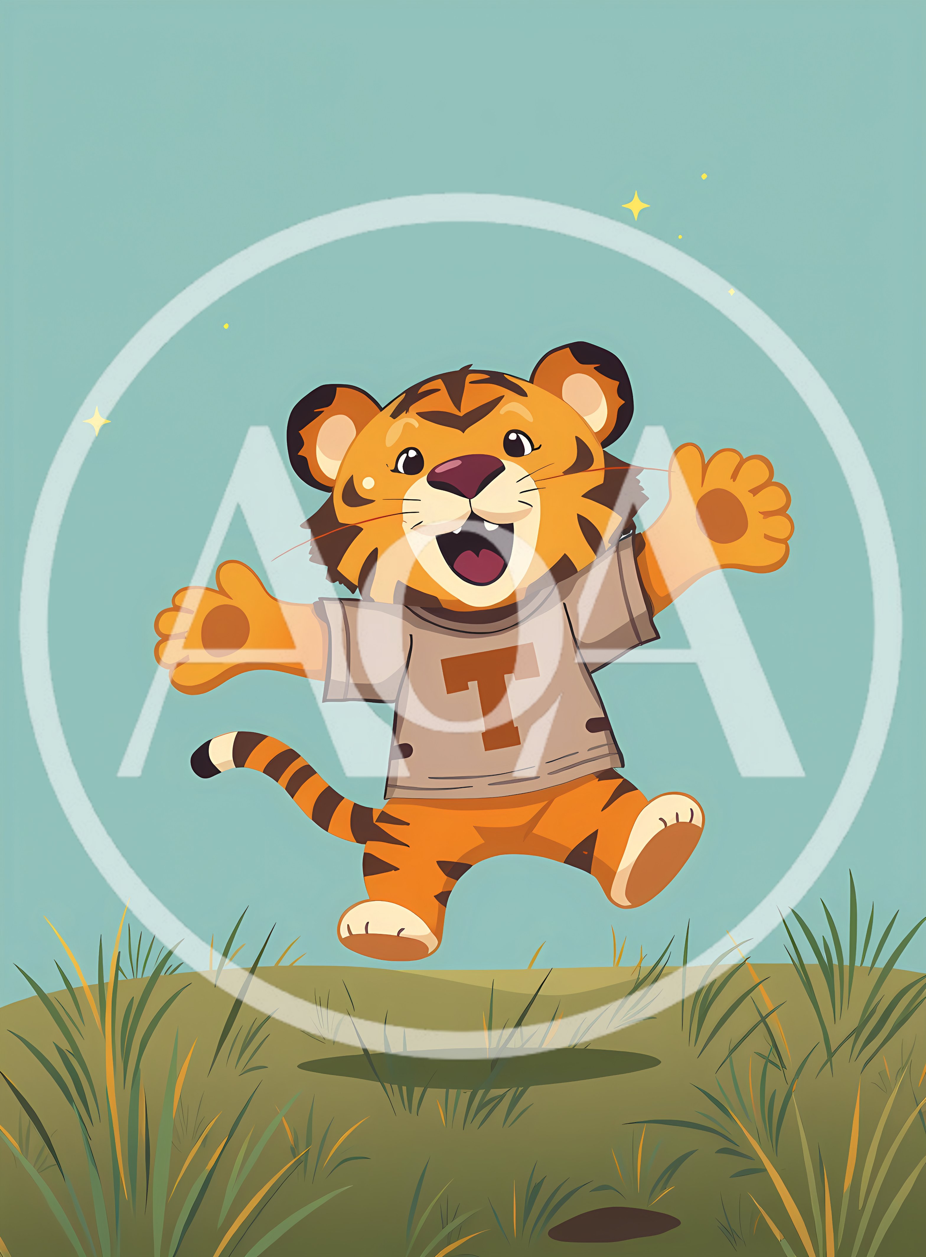 Cute Cartoon Tiger Jumping In A Meadow