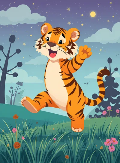 Cute Cartoon Tiger Cub Walking In A Meadow