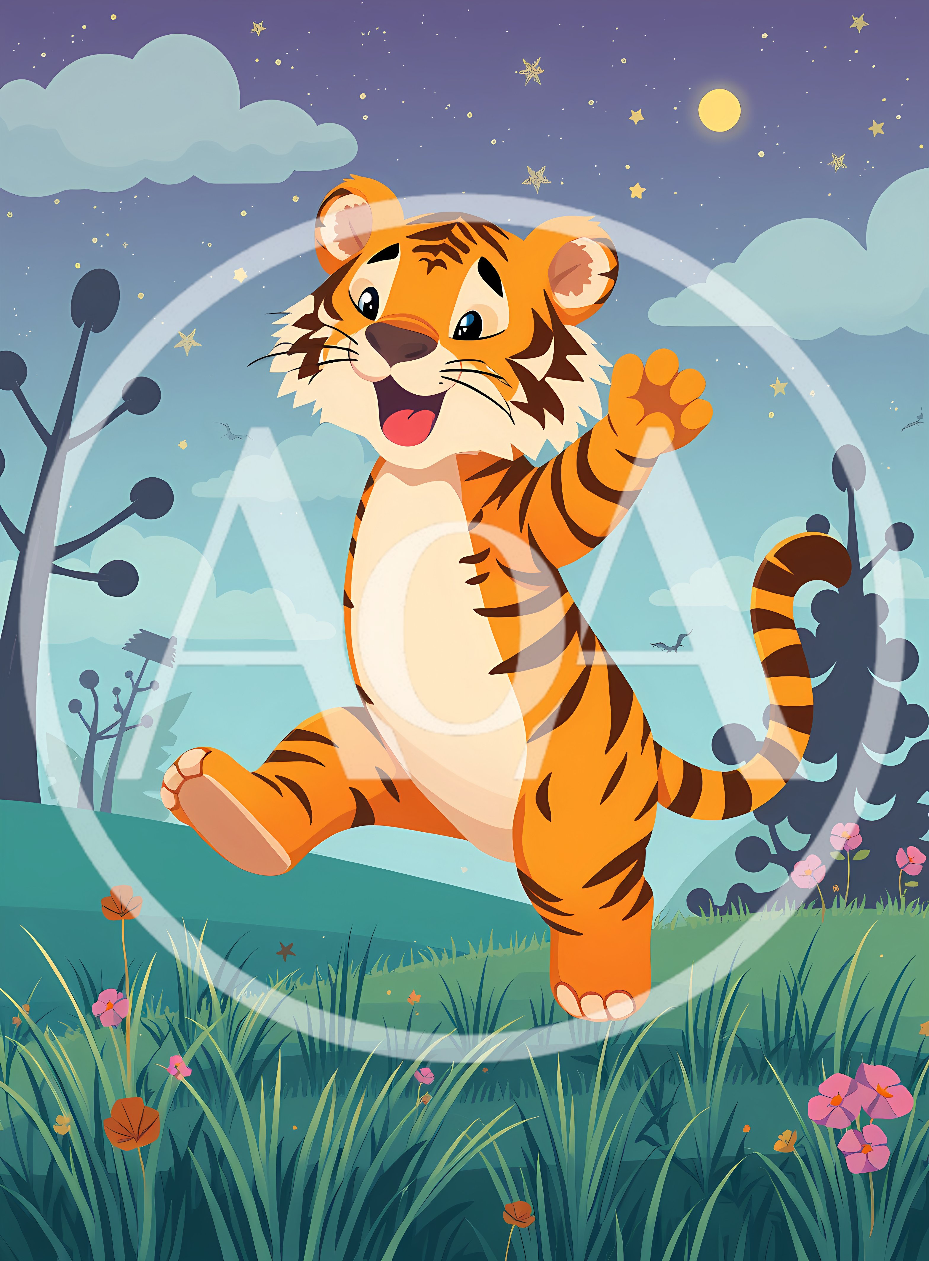 Cute Cartoon Tiger Cub Walking In A Meadow
