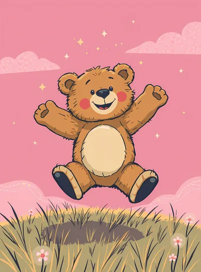 Cute Cartoon Teddy Bear Jumping In A Meadow