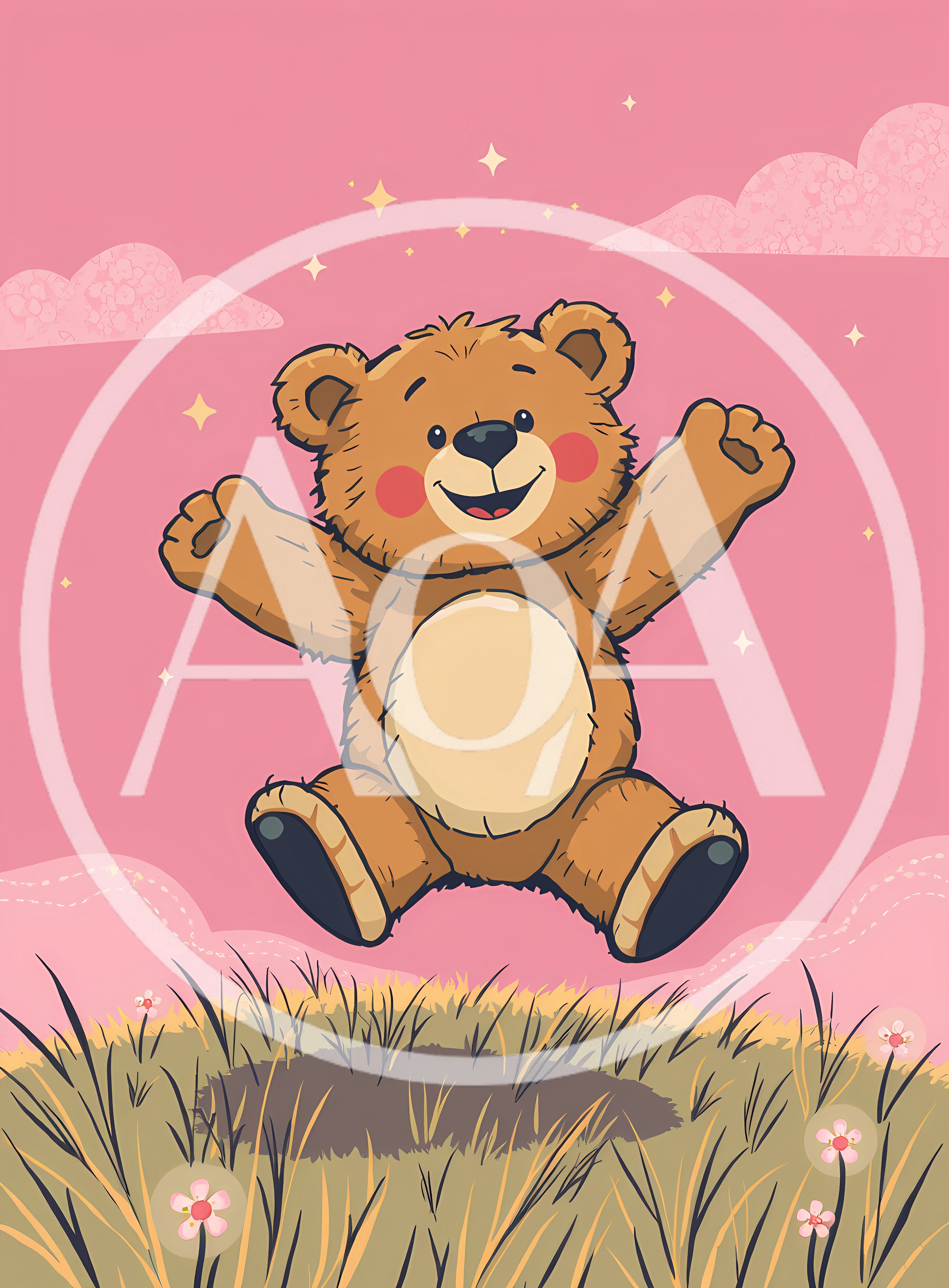 Cute Cartoon Teddy Bear Jumping In A Meadow