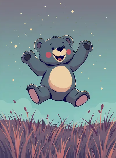 Happy Cartoon Bear Jumping In A Meadow At Night