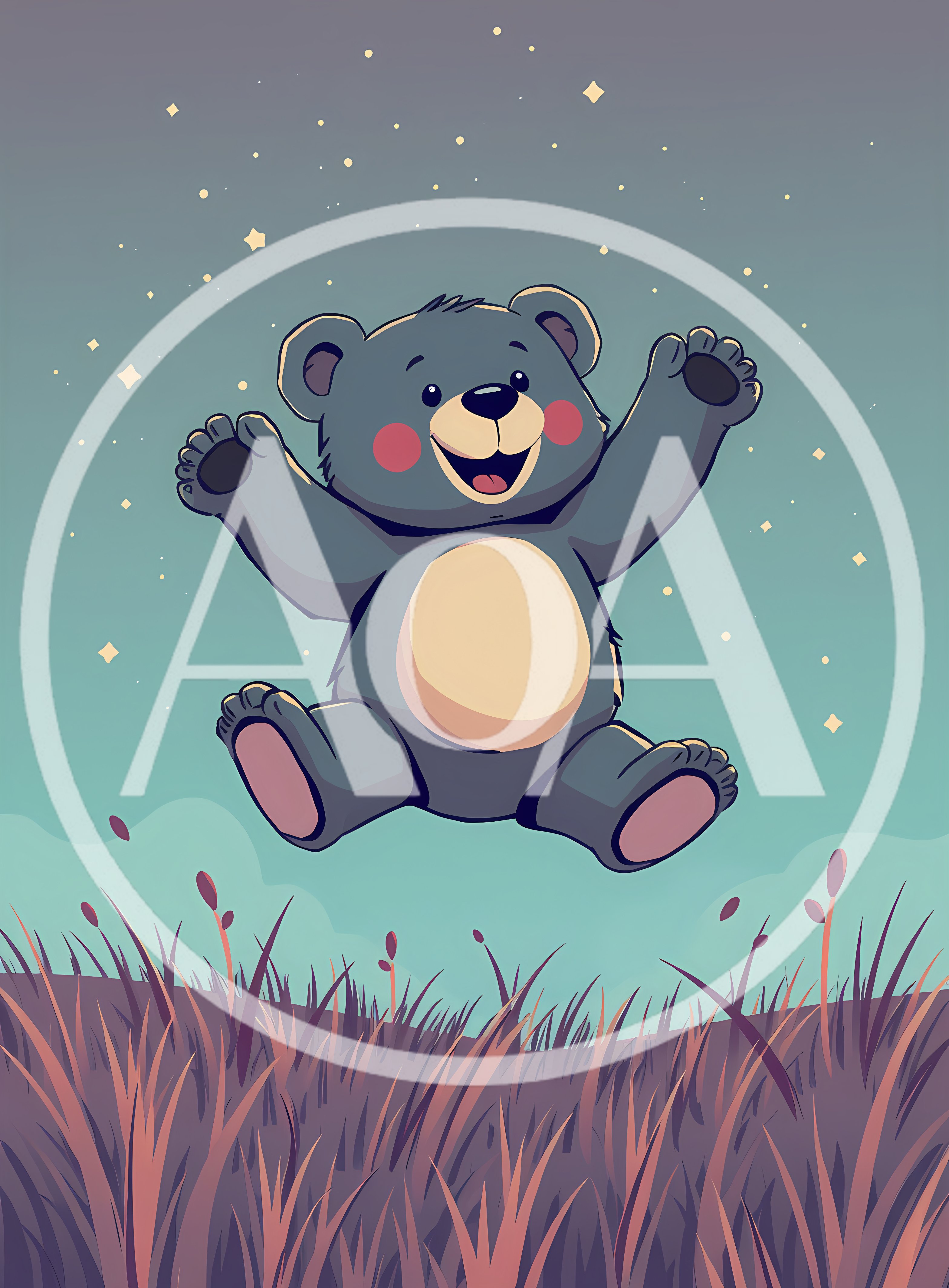 Happy Cartoon Bear Jumping In A Meadow At Night
