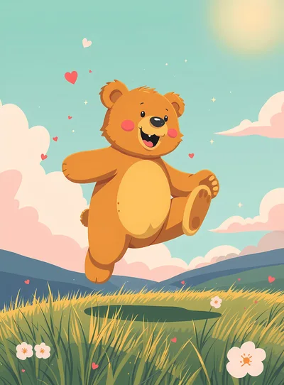 Happy Cartoon Teddy Bear Jumping in Sunny Meadow