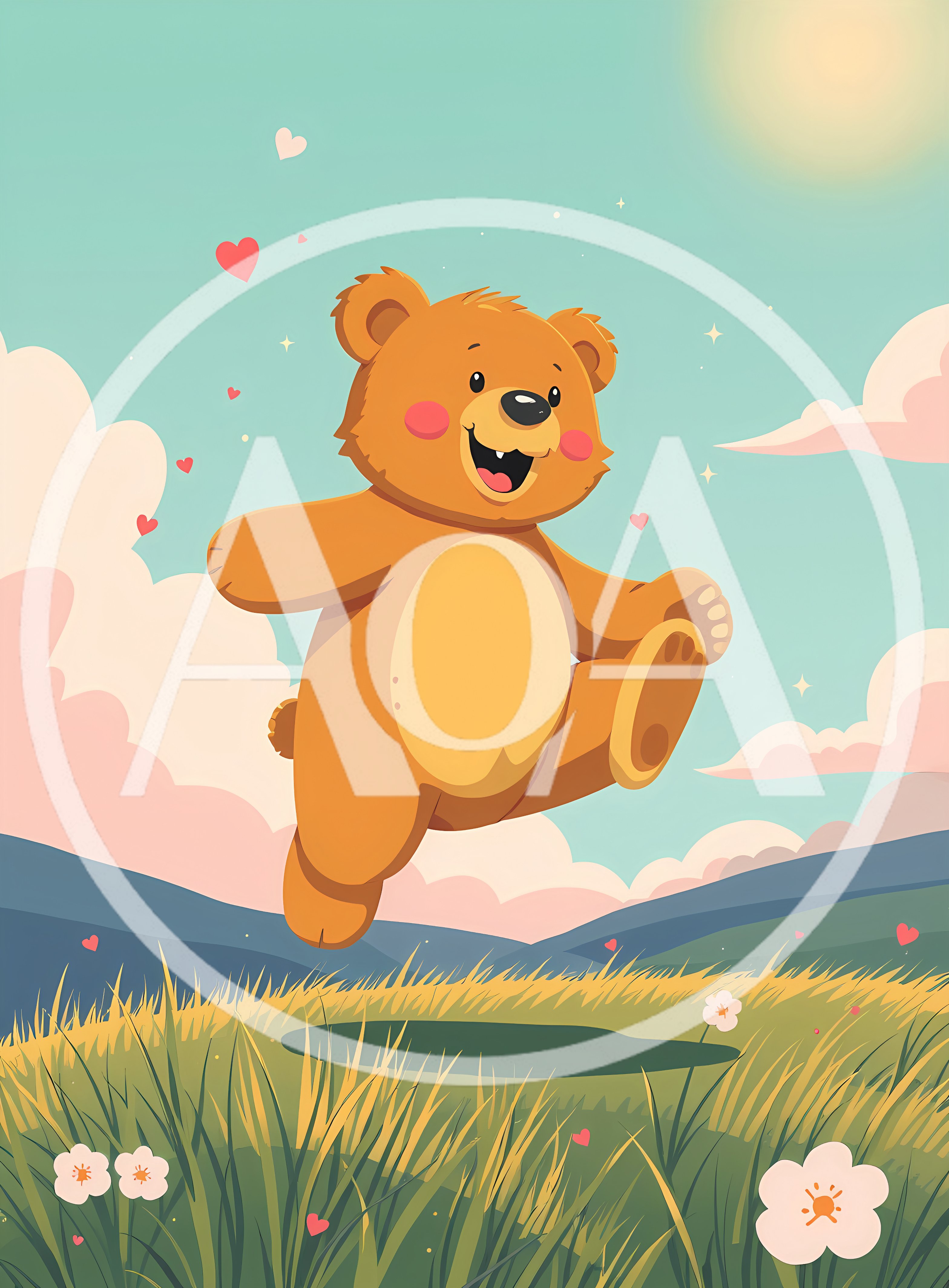 Happy Cartoon Teddy Bear Jumping in Sunny Meadow