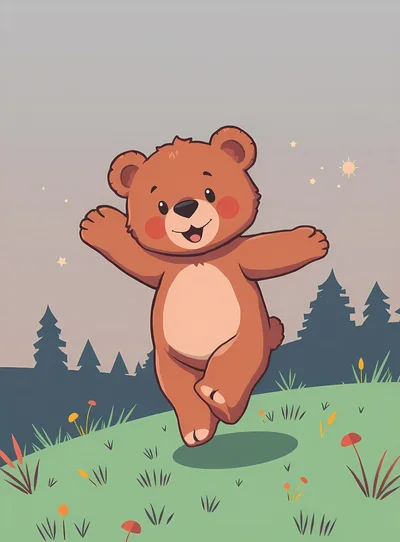 Cute Cartoon Bear Jumping Joyfully In A Meadow