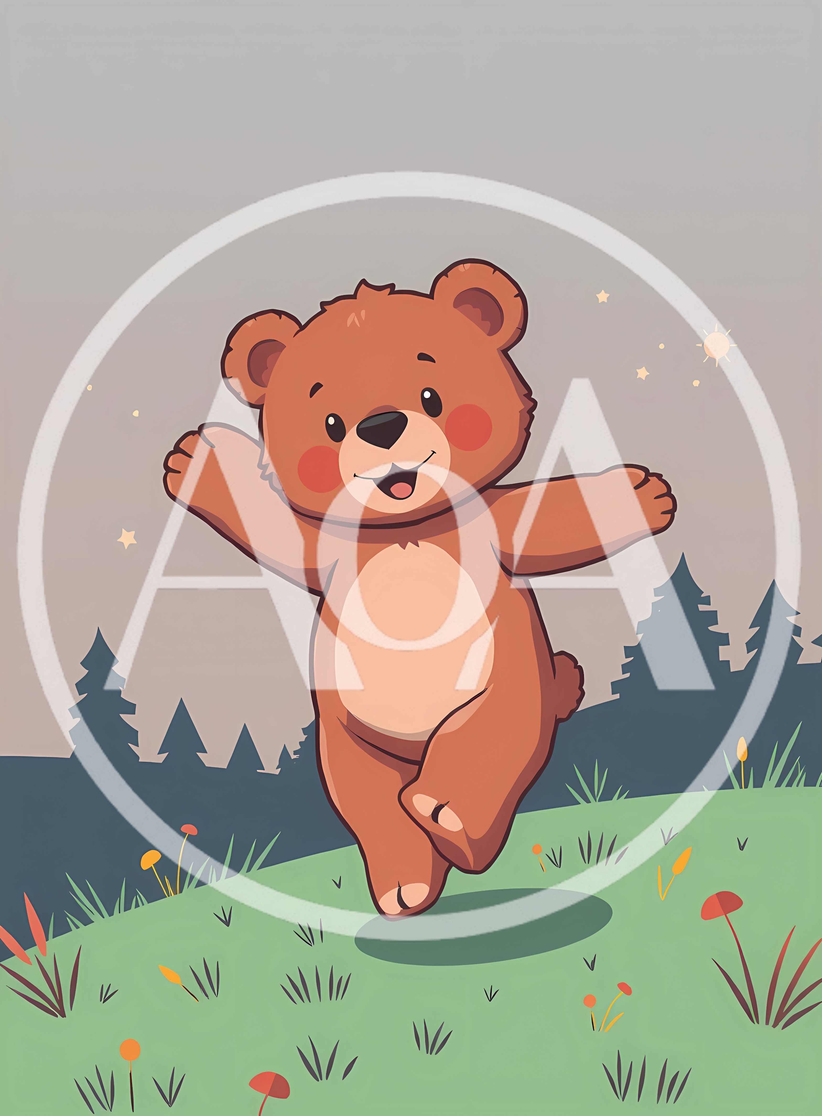 Cute Cartoon Bear Jumping Joyfully In A Meadow