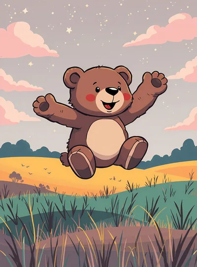 Happy Cartoon Teddy Bear Jumping In A Meadow