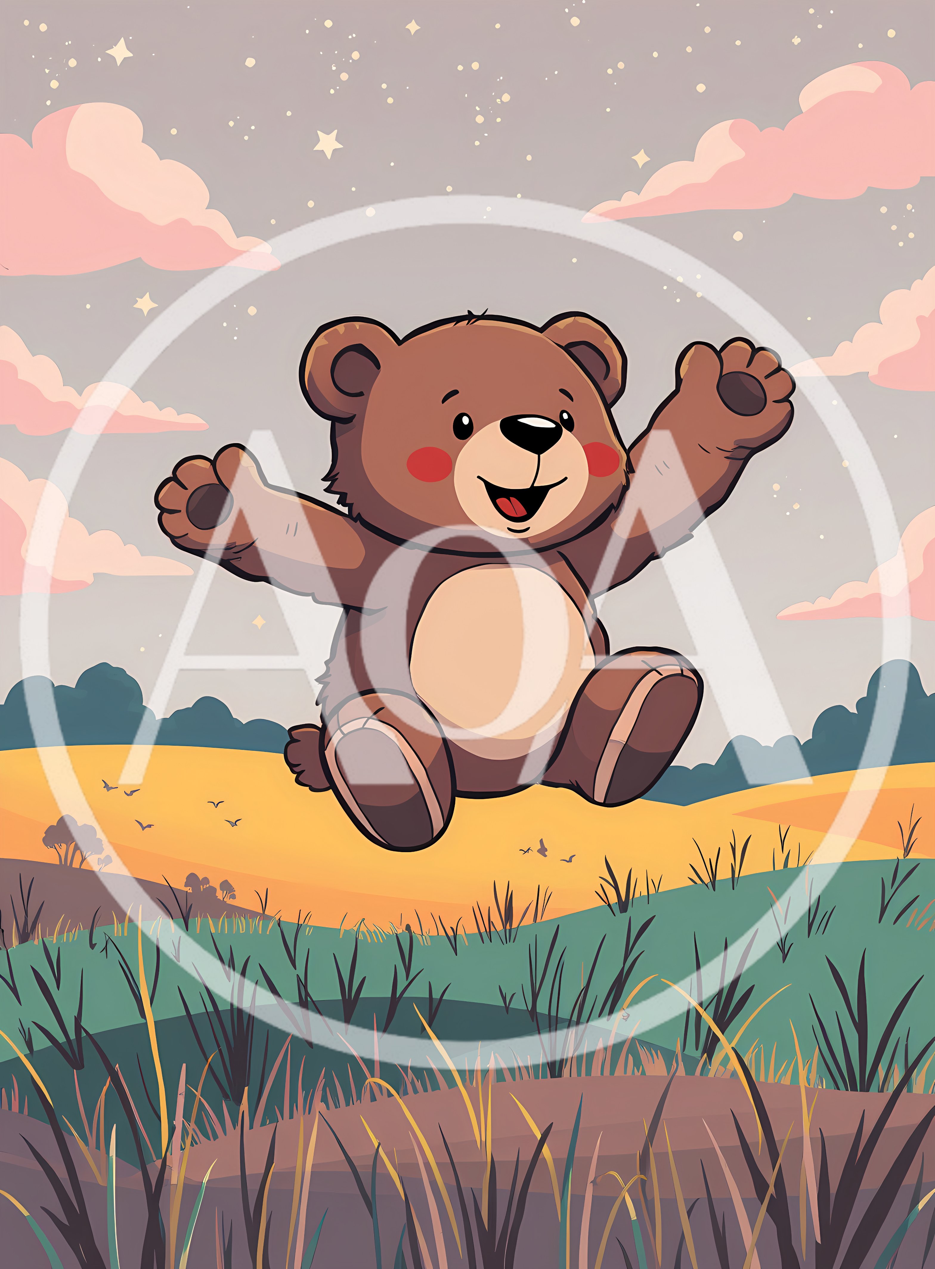Happy Cartoon Teddy Bear Jumping In A Meadow