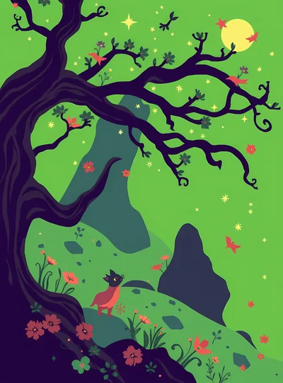 Whimsical Illustration Of A Cat Under A Magical Tree