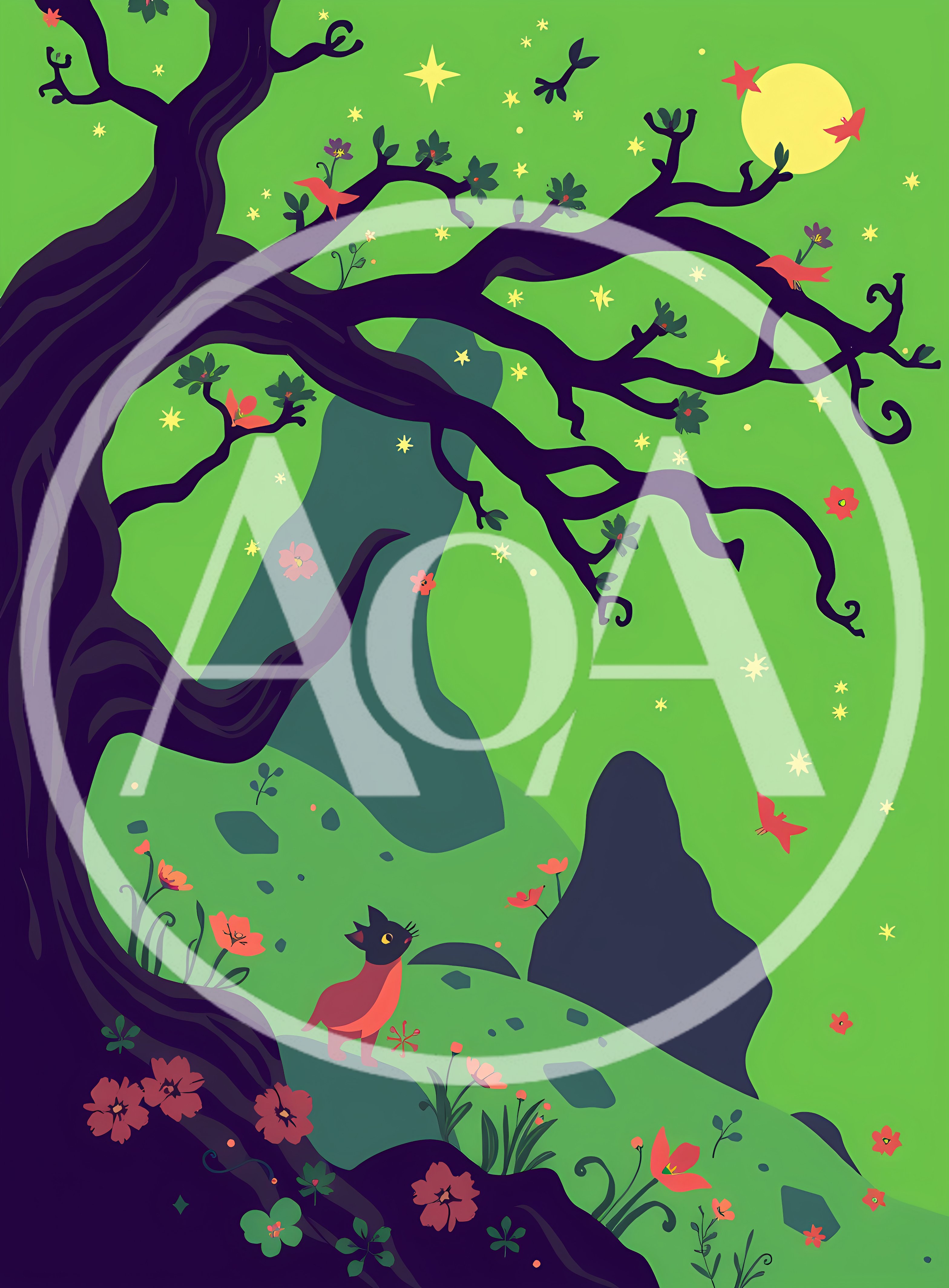 Whimsical Illustration Of A Cat Under A Magical Tree