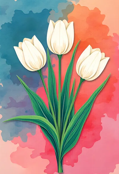 Three White Tulips on Watercolor Background