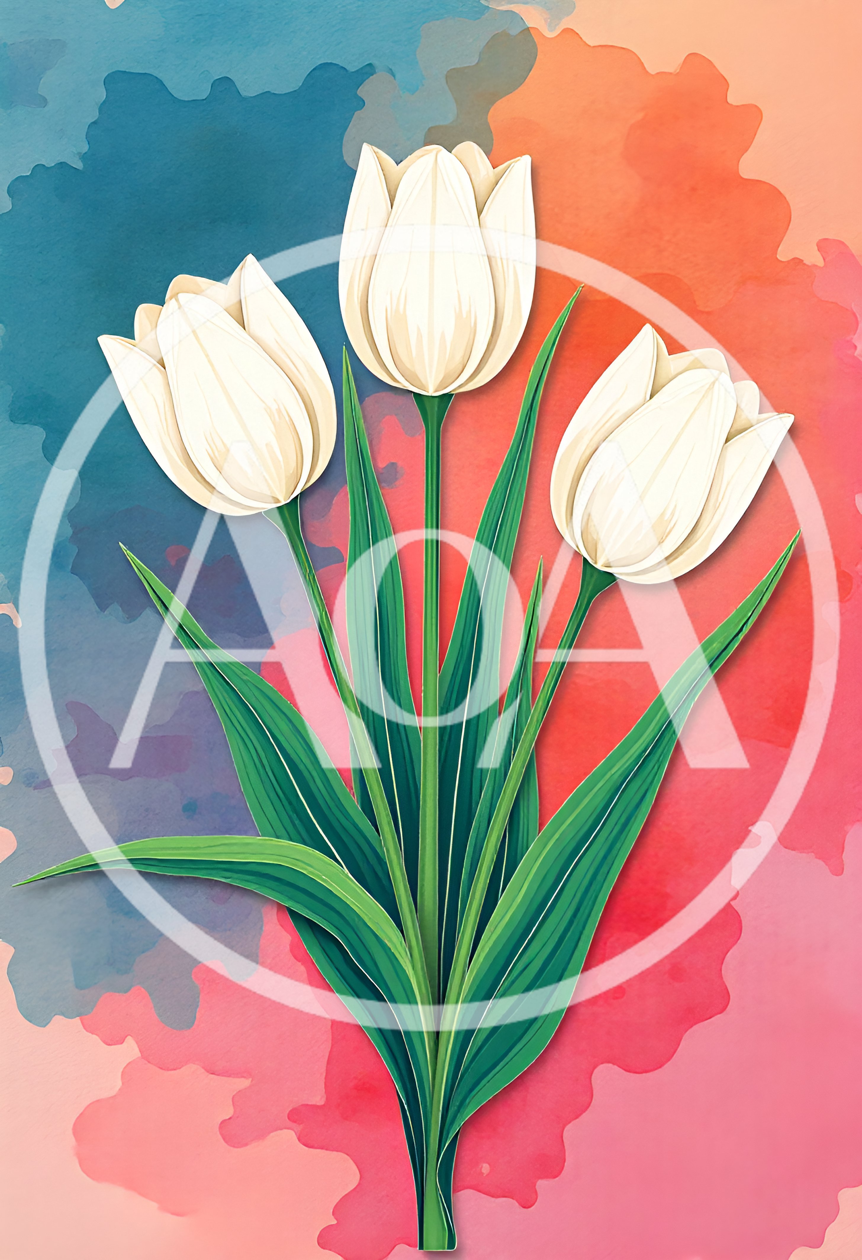 Three White Tulips on Watercolor Background