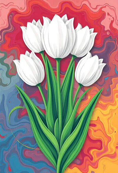 White Tulip Bouquet Against Abstract Colorful Swirl Background