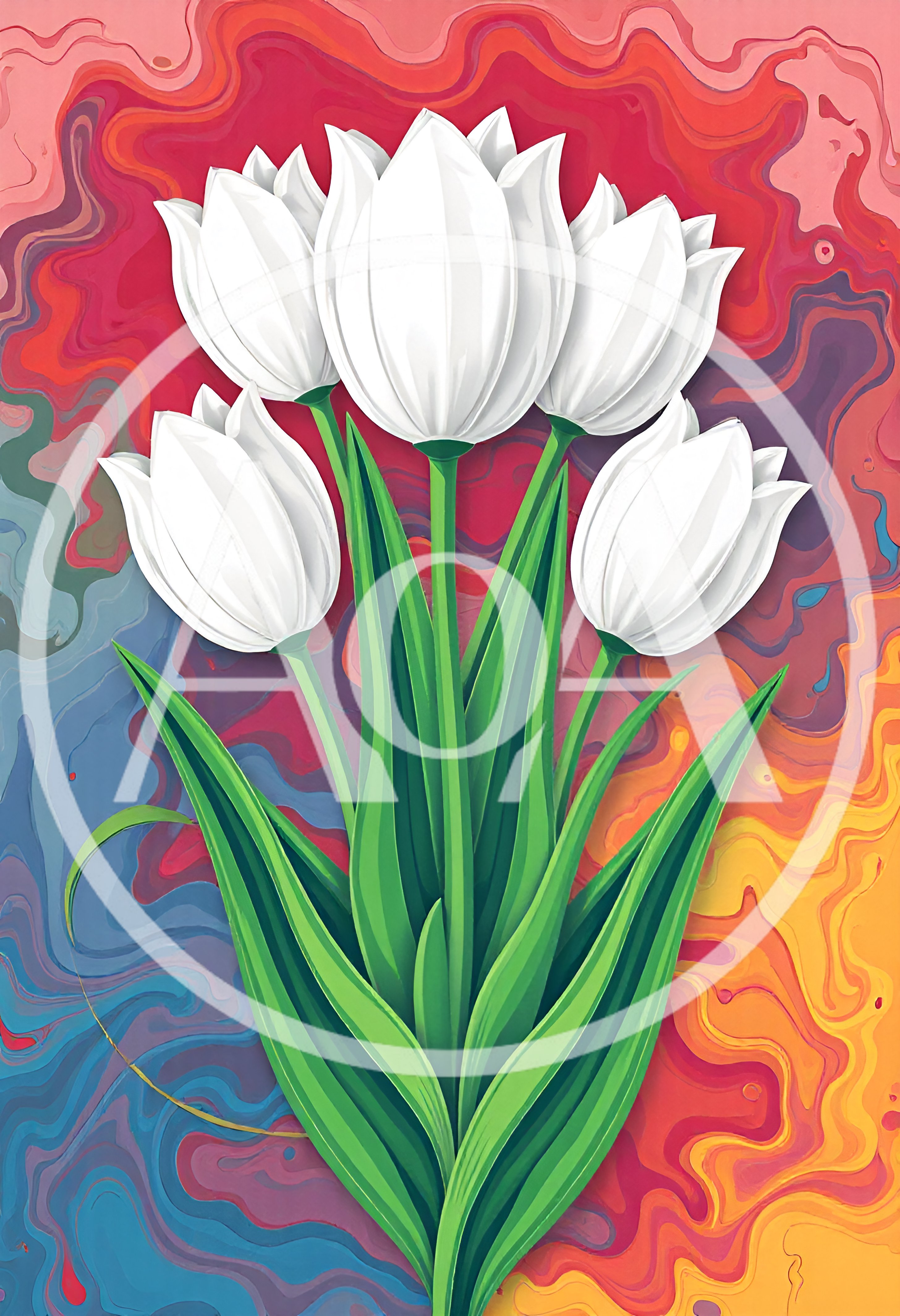 White Tulip Bouquet Against Abstract Colorful Swirl Background