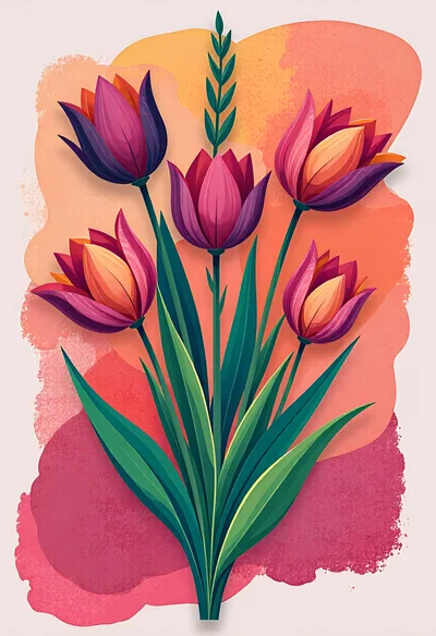 Stylized Watercolor Illustration Of A Tulip Bouquet
