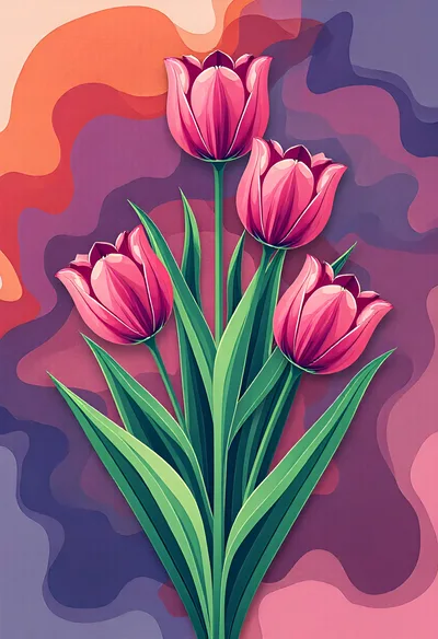 Four Pink Tulips With Green Leaves On Abstract Background
