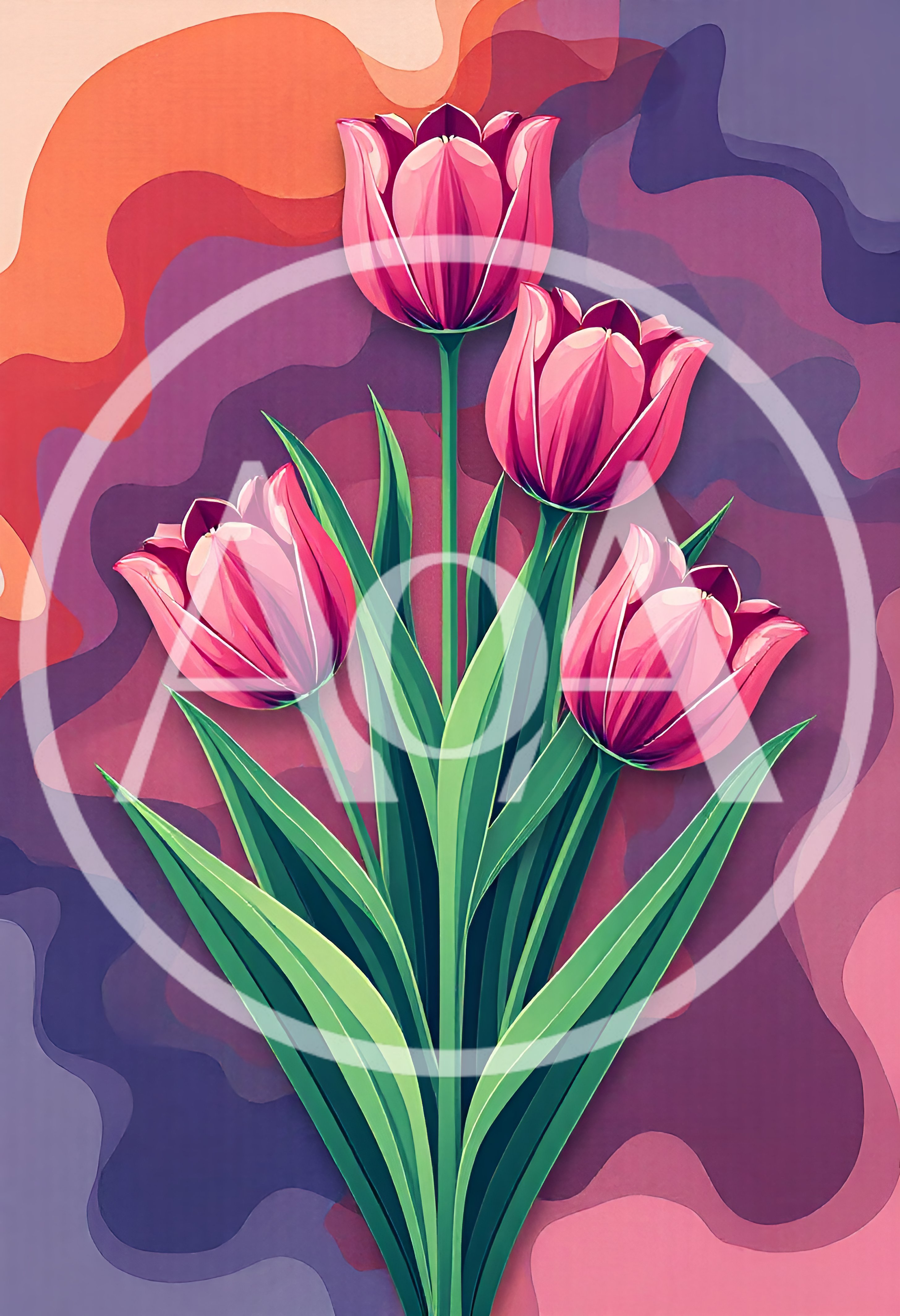 Four Pink Tulips With Green Leaves On Abstract Background