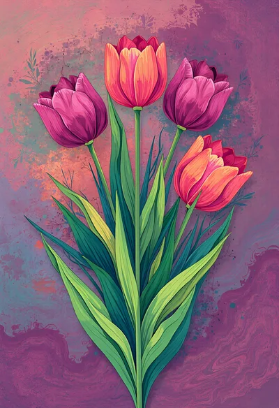 Four Vibrant Tulips With Green Leaves On Painted Background