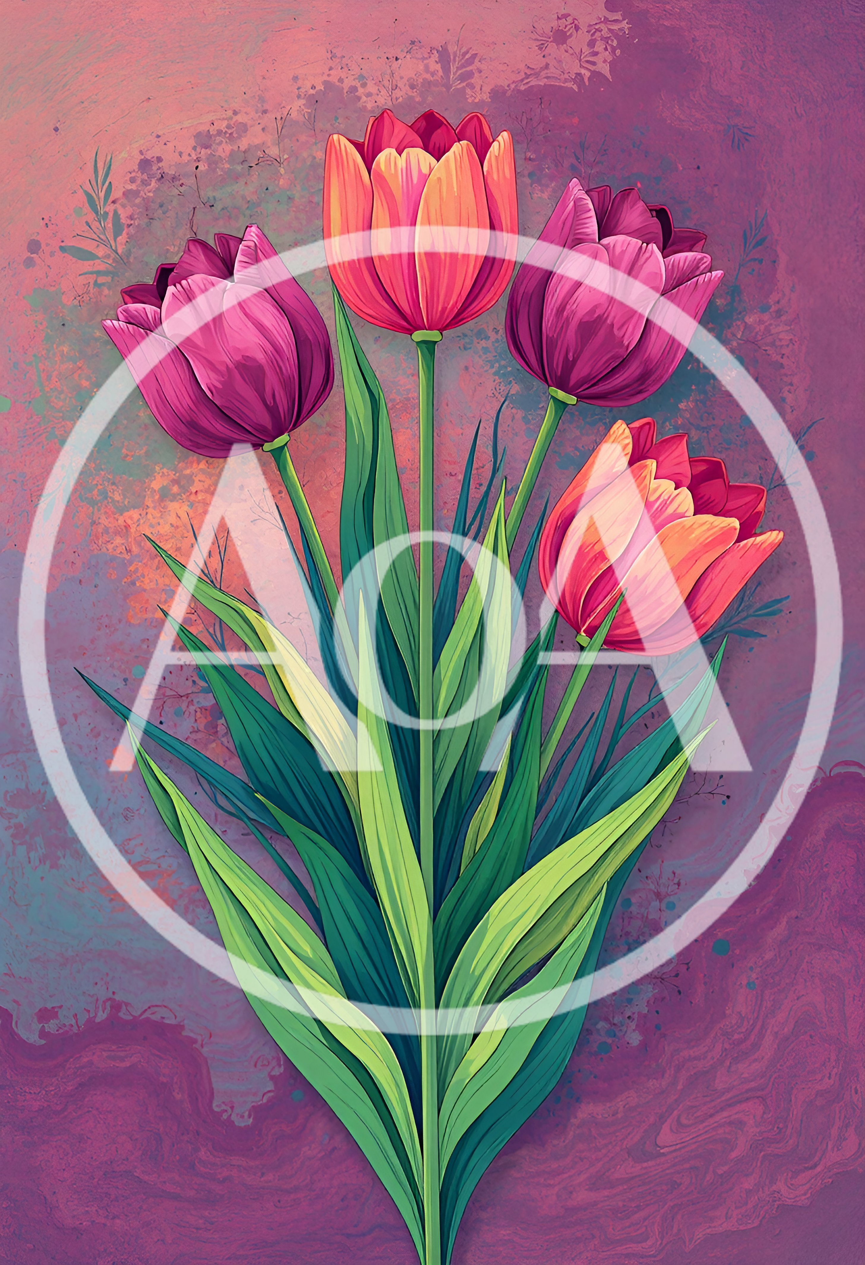 Four Vibrant Tulips With Green Leaves On Painted Background