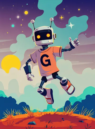 Cute Cartoon Robot Jumping In A Surreal Landscape
