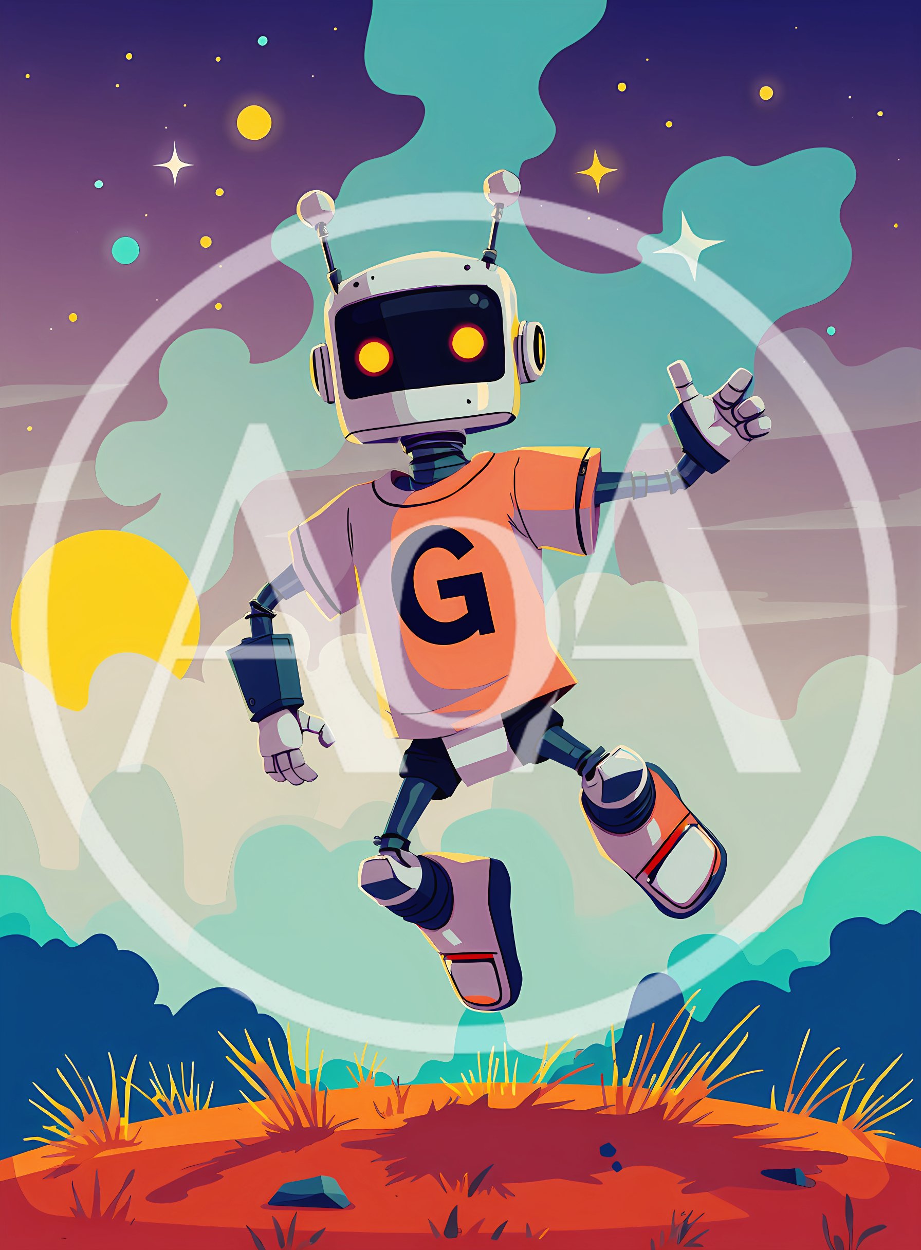Cute Cartoon Robot Jumping In A Surreal Landscape