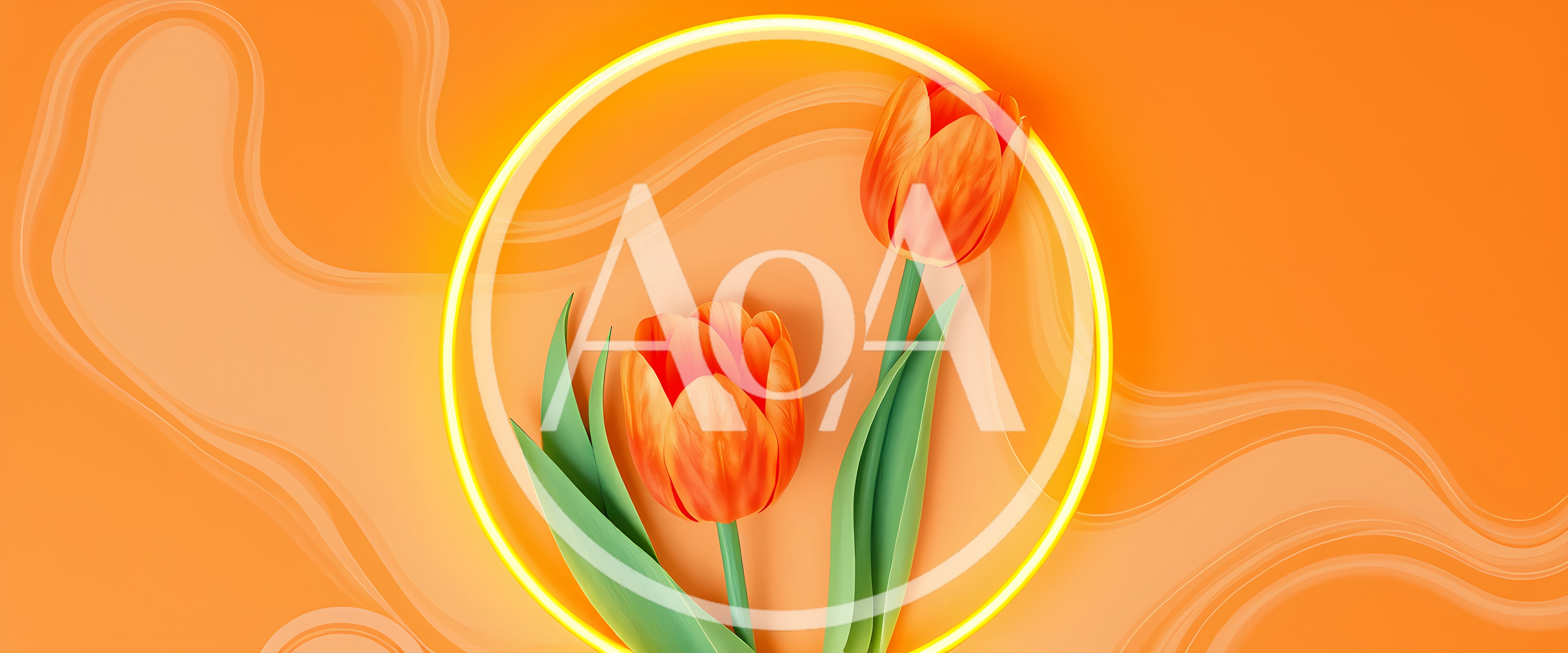 Two Orange Tulips Inside A Glowing Yellow Neon Circle