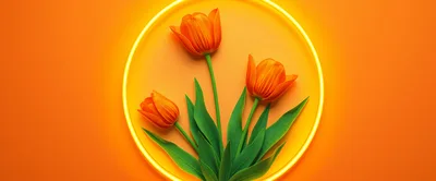 Three Orange Tulips Inside A Glowing Yellow Circle