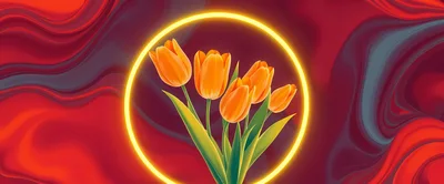Orange Tulips Inside A Glowing Yellow Neon Circle
