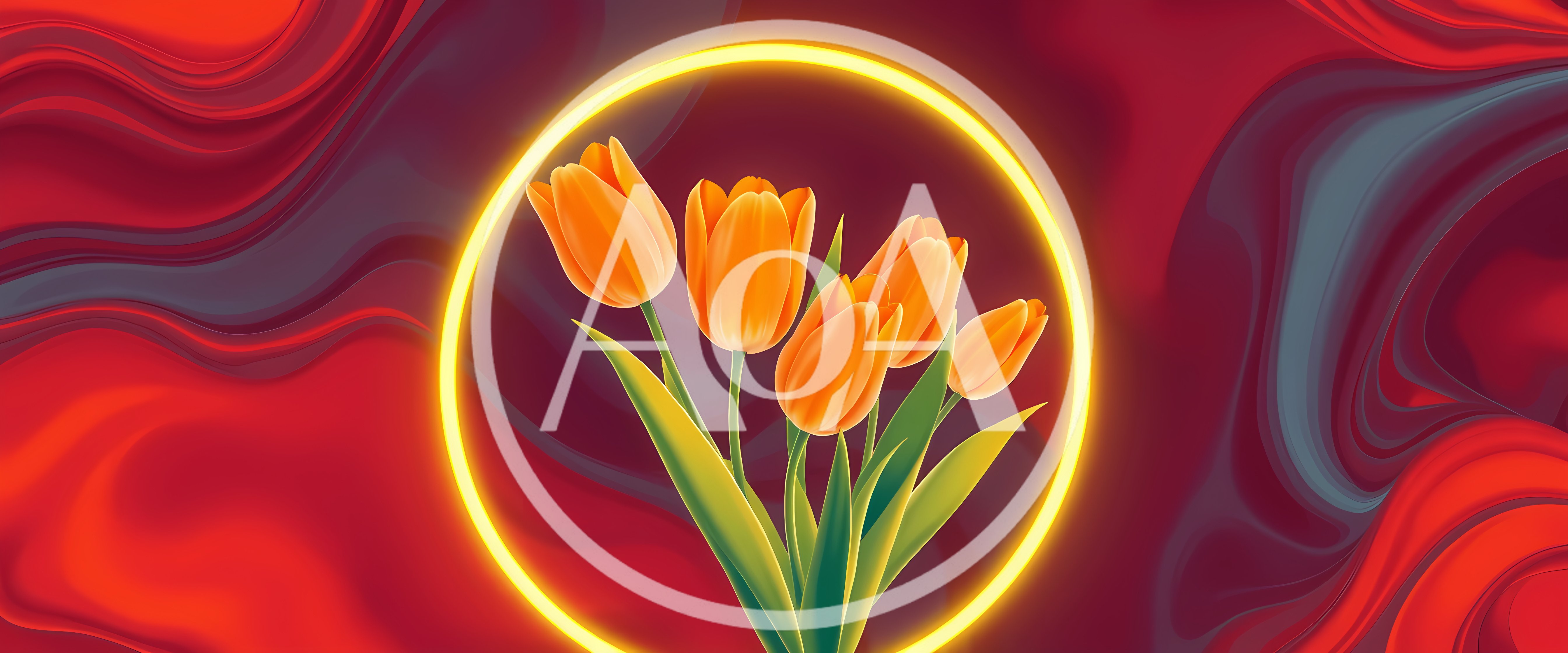 Orange Tulips Inside A Glowing Yellow Neon Circle