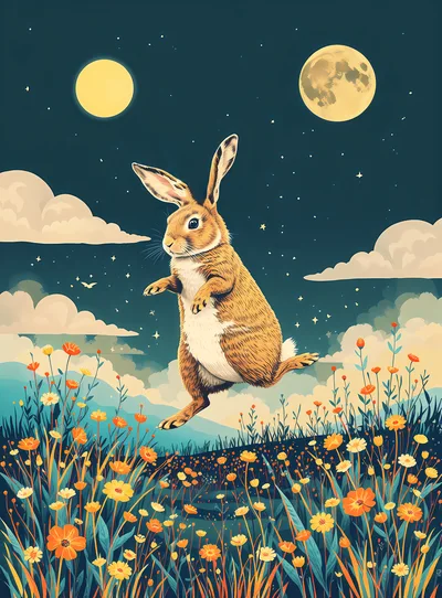 Brown Rabbit Jumping Through A Field Of Wildflowers