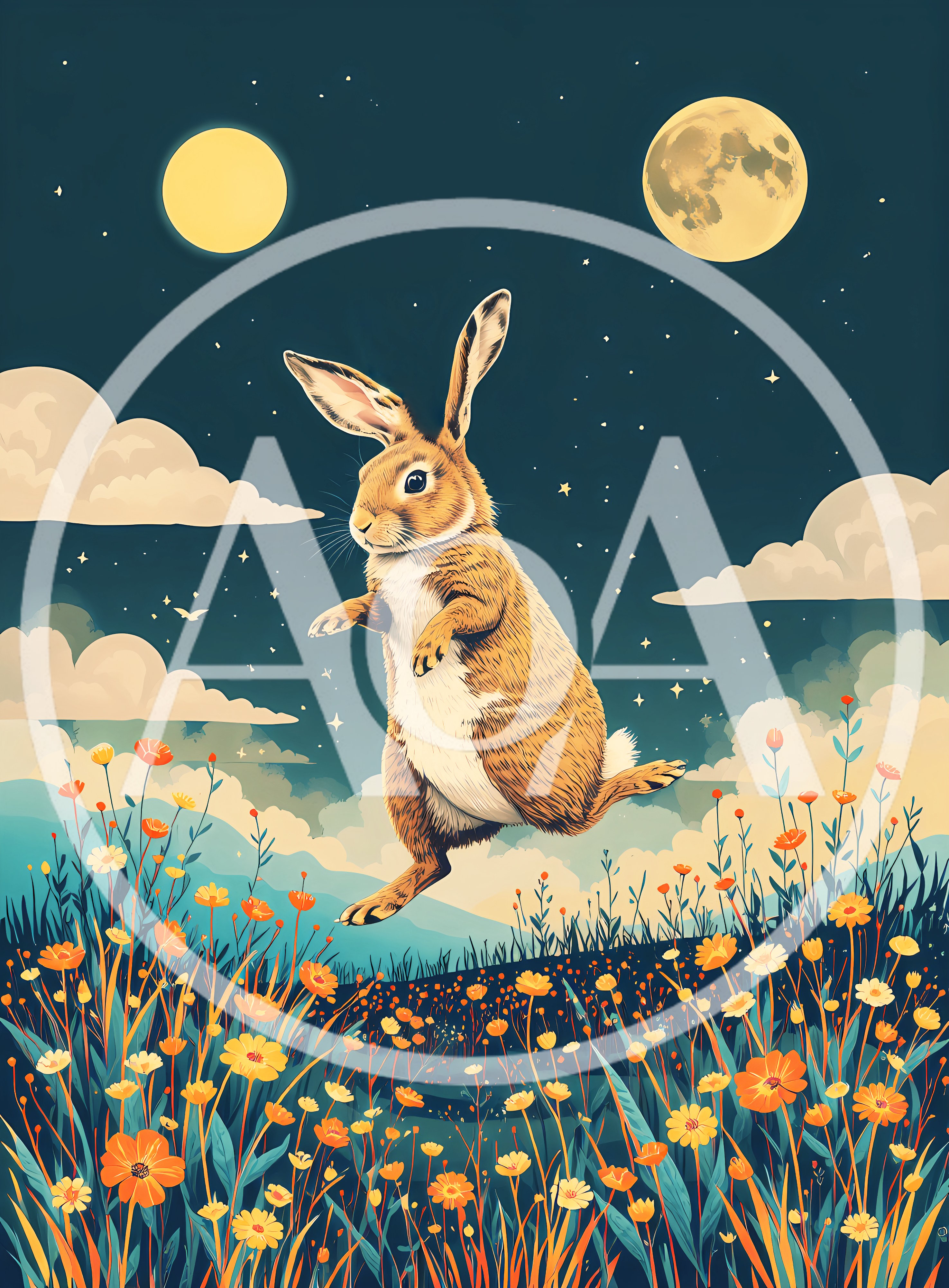 Brown Rabbit Jumping Through A Field Of Wildflowers