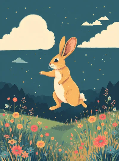 Cute Cartoon Rabbit Jumping In A Flowery Meadow
