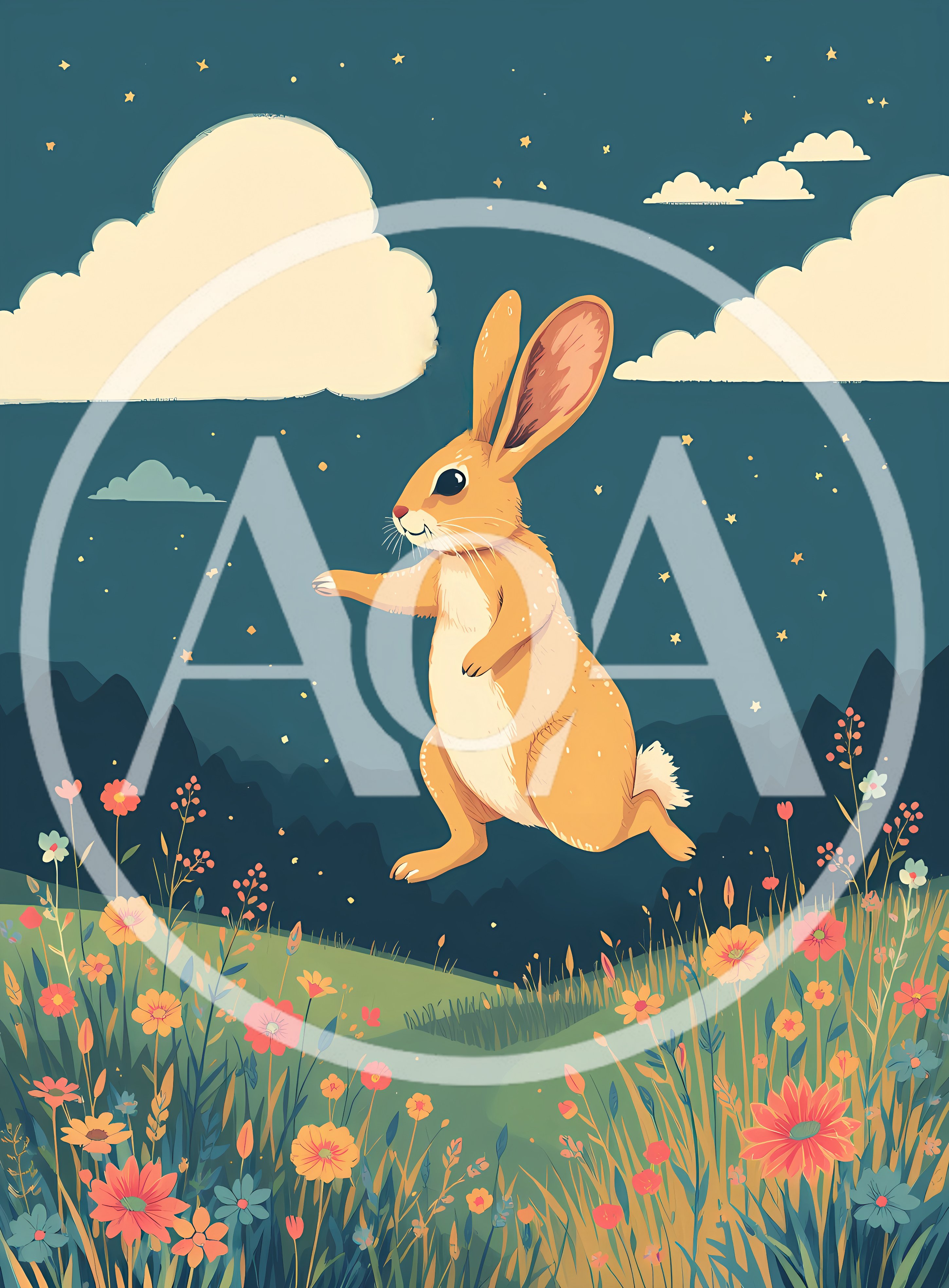Cute Cartoon Rabbit Jumping In A Flowery Meadow