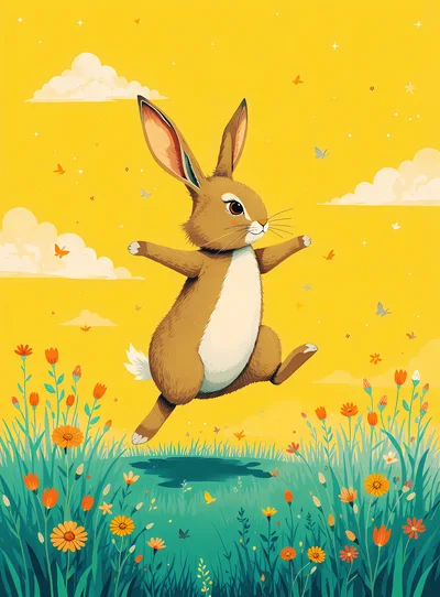 Cute Brown Rabbit Jumping In A Sunny Flower Meadow